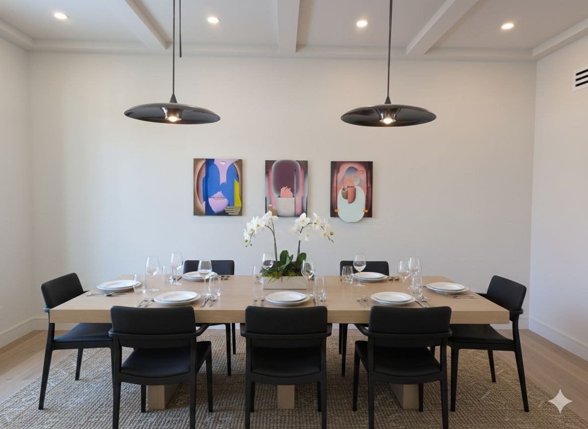 Dining room in Closter, New Jersey, three small paintings hung in a row above a long oak table under two black pendant lights