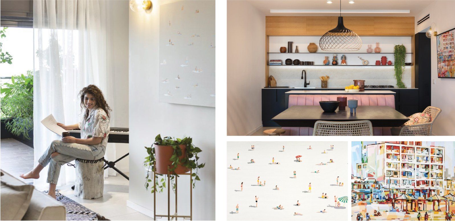 The Tel Aviv home of Roni Daloomi: a stool by the keyboard beside a minimalist painting of small figures, the kitchen with its pink banquette, and two of the artworks
