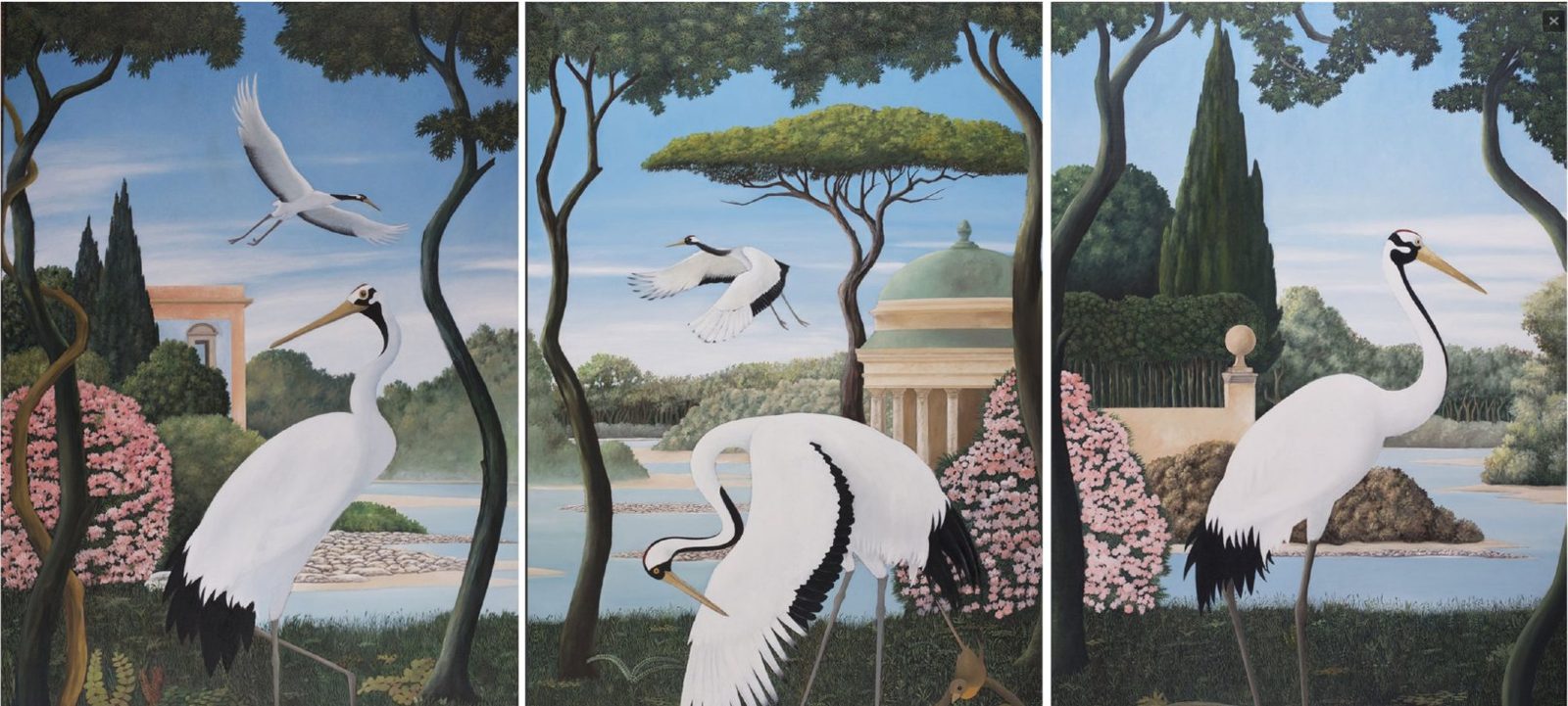 Three panel painting of storks, commissioned from an Italian artist for a sea view villa in Caesarea